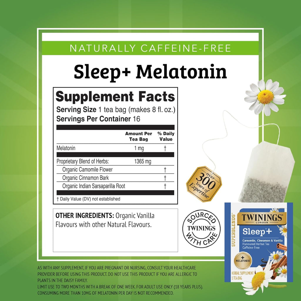 Twinings Superblends Sleep+ Herbal Tea - 1mg Melatonin, Chamomile, Cinnamon & Vanilla | Caffeine-Free, 96 Bags
