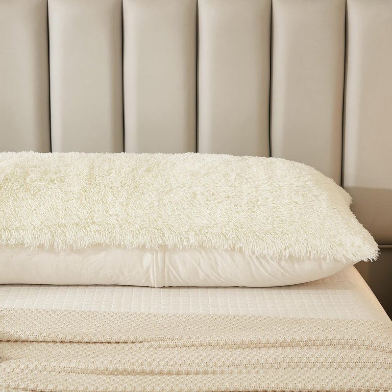 JAUXIO Faux Fur Fluffy Body Pillow Cover Luxury Shaggy Plush Decorative Solid Body Pillowcase, Ultra Soft and Cozy Zipper Closure 21 x 54 Inches, Cream