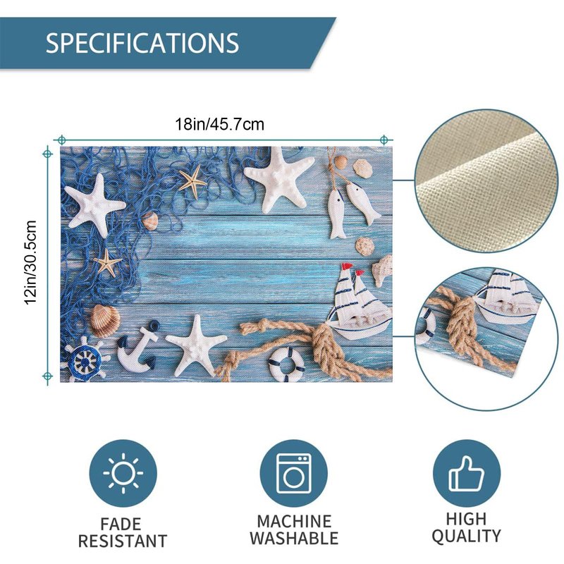 Blue Placemats Set of 8, Summer Nautical Theme Starfish Shell Fishnet Non Slip Heat Resistant Linen Fabric Cloth Place Mats, Washable Holiday Party Dining Table Mats for Coastal Home Kitchen Decor