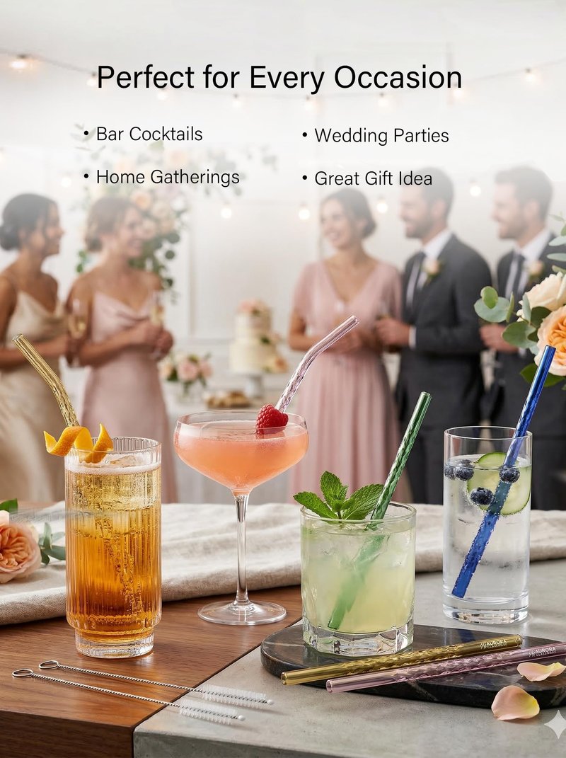 YUTRENN Reusable Glass Straws Transparent Twisted Shape 4 Bent Straws 4 Straight Straws 2 Cleaning Brushes, 8"x 0.3" Thick Clear Glass Drinking Straw for Tumblers Gift Wrap Dishwasher Safe