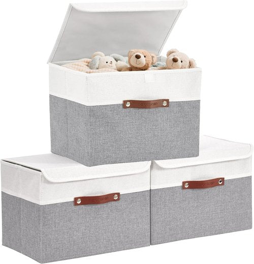 DECOMOMO Fabric Storage Bins - Stylish Grey and White Baskets with Lid | 3 Pack for Organized Shelving