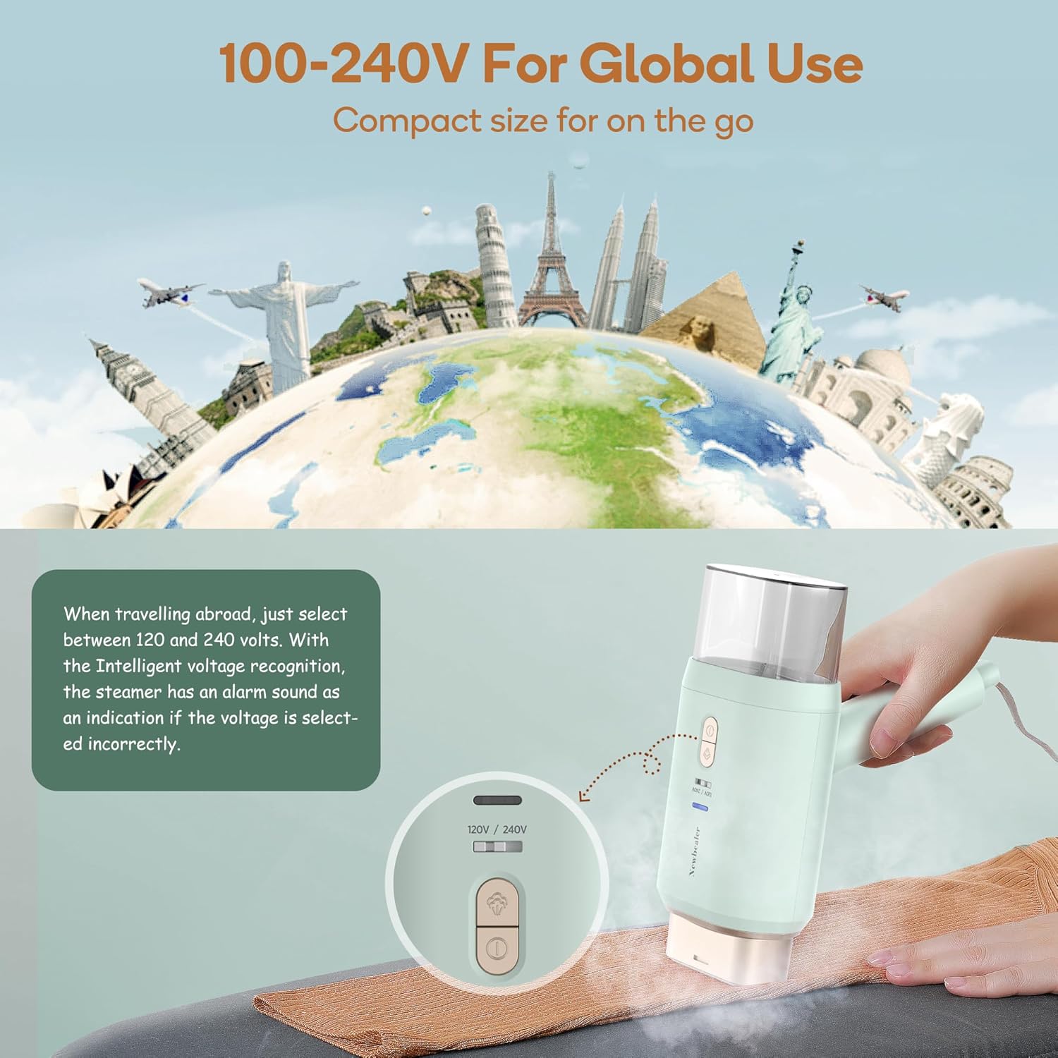 Newbealer Travel Steamer for Clothes - Dual Voltage 100-240V, 1200W, Quick 20s Heat-Up, Foldable, 180ml (Green)