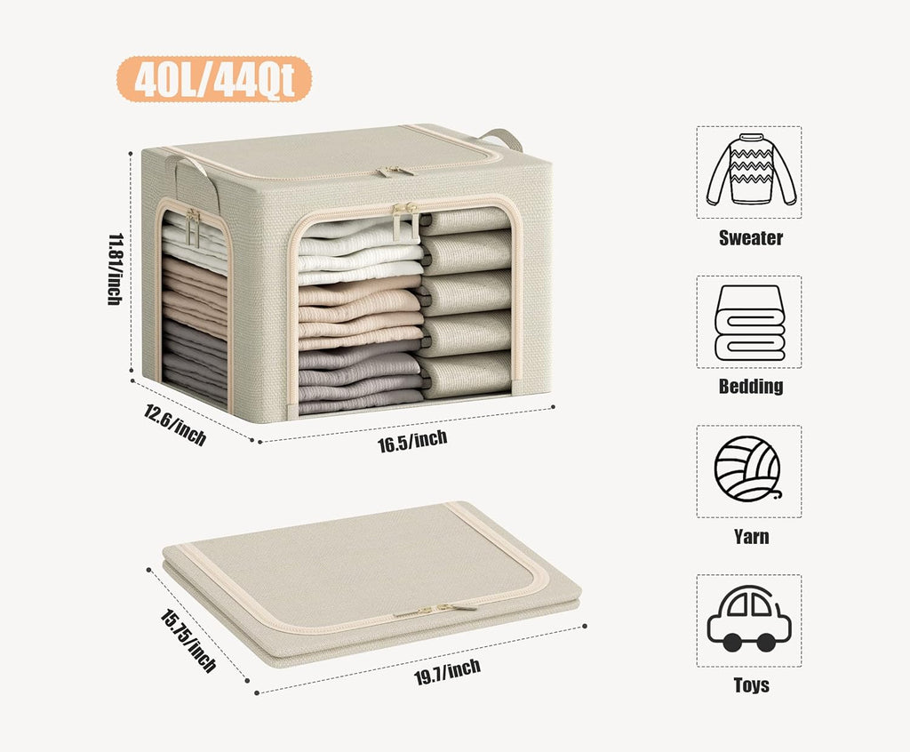Skiennix Foldable Clothes Storage Bins - 3 Openings with Metal Frame, Lid & Clear Window | 40L, Beige