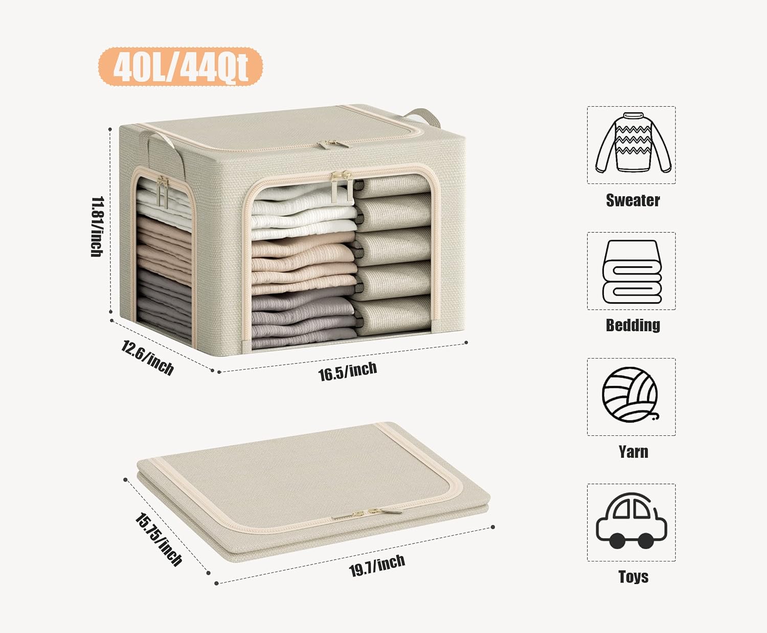 Skiennix Foldable Clothes Storage Bins - 3 Openings with Metal Frame, Lid & Clear Window | 40L, Beige