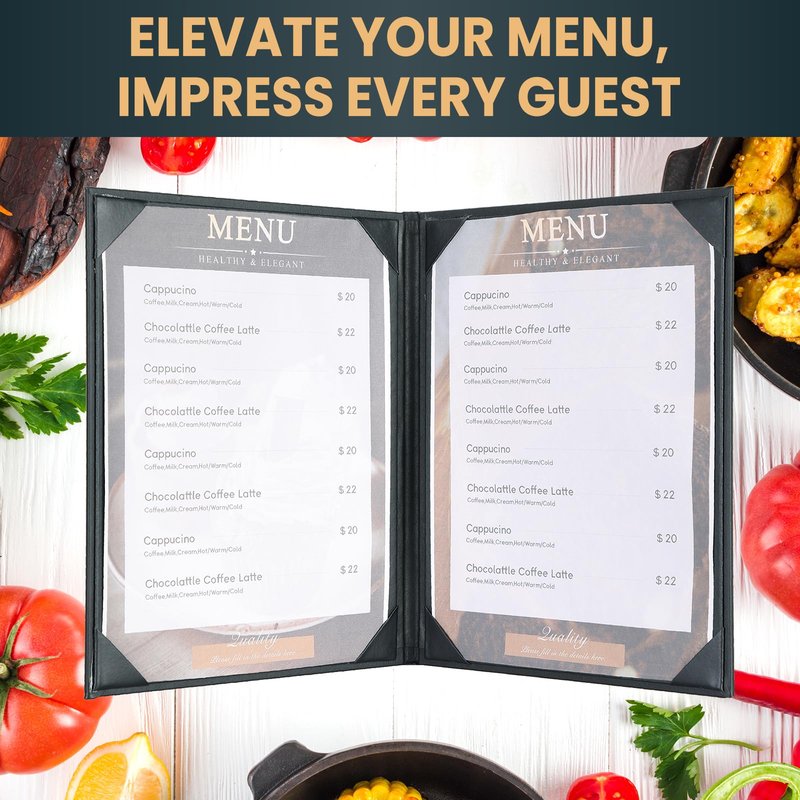 AMGSH Menu Holder 8 View Menu Covers 8.5" x 11" | 5 Pack Black Leather Menu Sleeves Book Style for Restaurant Coffee Bars Wine List (8 View, 5 Pack)