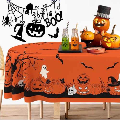 Yighty Oval Halloween Tablecloth 60x84 Inch,Orange Pumpkin Skull Ghost Tablecloth,Polyester Waterproof Wrinkle-Resistant and Durable Table Cloth,Suitable for Halloween,Parties,Holiday,Kitchens