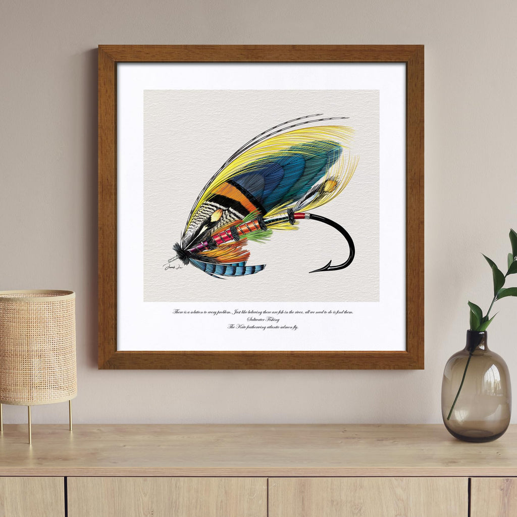 Framed Fly Fishing Art Print Lure Illustration Wall Decor for Anglers' Spaces Fishing - Themed Painting Poster Prints, Outdoor - Ideal for Man Caves, Offices and Lure Lovers' Spaces 16" x 16"