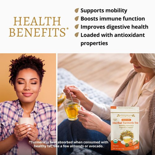 DelighTeas Organic Turmeric Ginger Tea | Ayurvedic Loose Leaf Herbal Turmeric Tea for Mobility, Immune & Digestive Support | Non-GMO, Caffeine Free, Unsweetened | 75 Servings, 6oz.