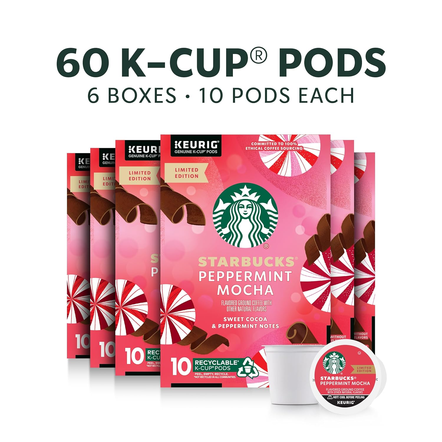 Starbucks Peppermint Mocha K-Cup Coffee Pods - Limited Holiday Edition | 100% Arabica, 60 Pods