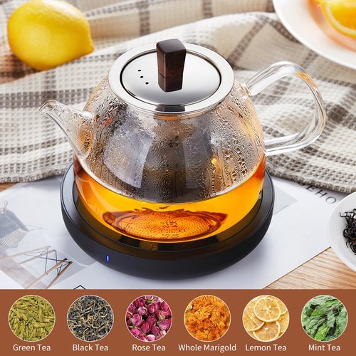 DOPUDO 34OZ/1000ml Glass Teapot with Stainless Steel Infuser, Drip-Free Spout, and Wooden Knob Lid – Stovetop Safe Borosilicate Tea Kettle for Loose Leaf and Herbal Tea Brewing