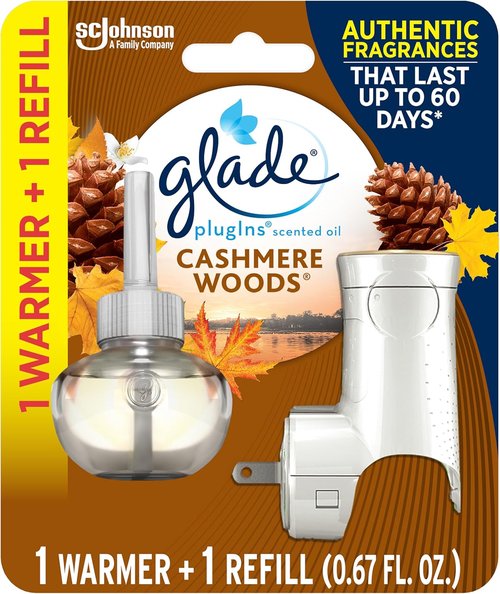 Glade PlugIns Air Freshener Starter Kit - Cashmere Woods Scented Oil Refill | 0.67 Fl Oz, 1 Warmer + 1 Refill