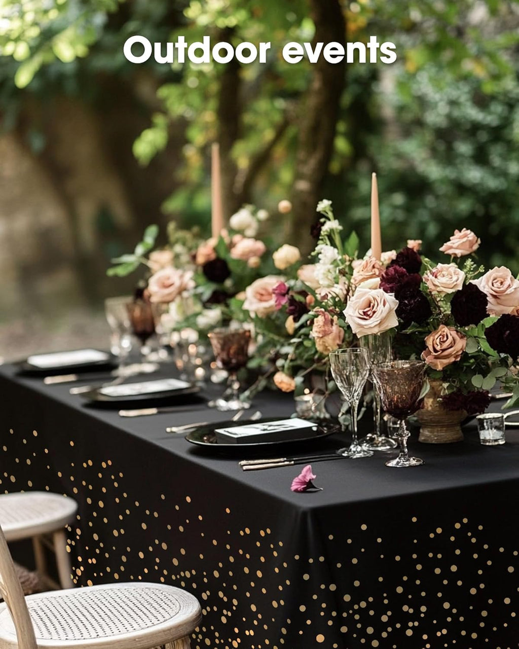 Pureegg Disposable Plastic Tablecloths - 10 Pack, 54 x 108 Inch, Leakproof & Sturdy, Black and Gold for Graduation Celebrations
