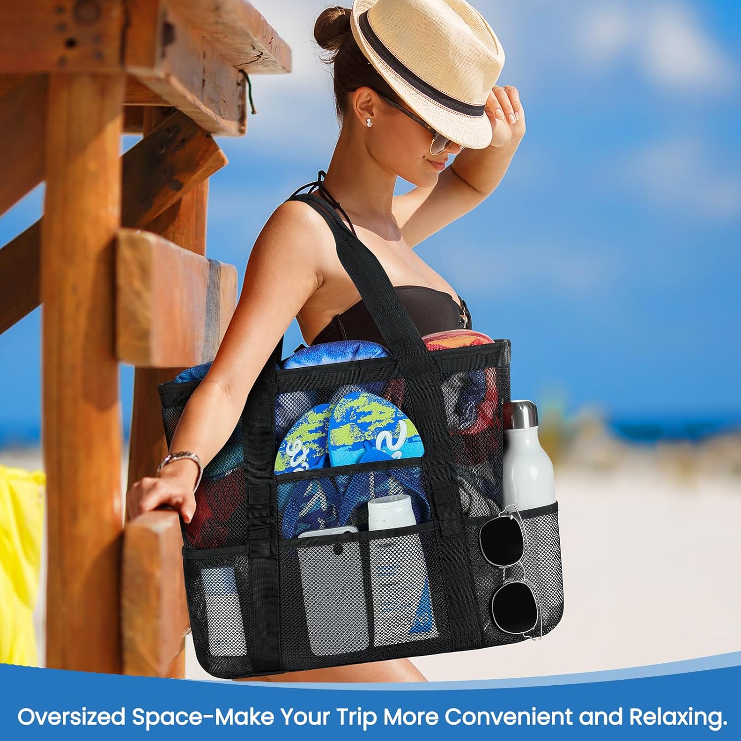 Skiennix Mesh Beach Bag - Large 8-Pocket Tote for Vacation Essentials | Durable & Stylish
