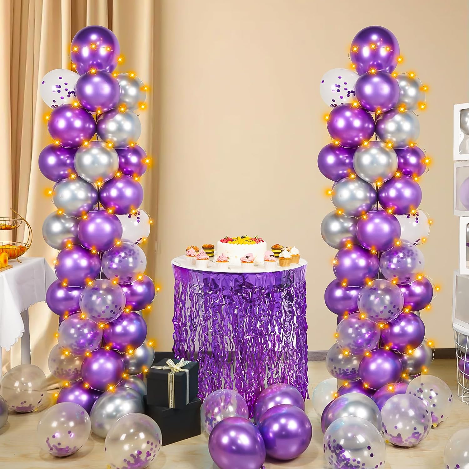 Skiennix Balloon Column Stand Kit - Adjustable 7 Feet Height with Balloons & String Lights | Purple