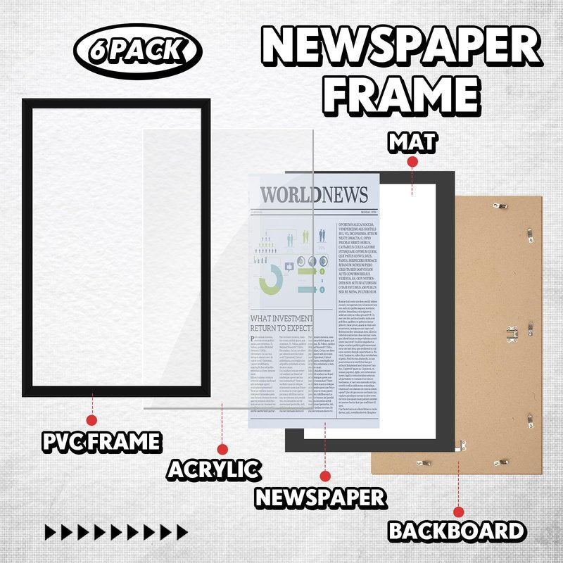 DoubleFill 14x24 Newspaper Frame with Mat, Displays 11x22 Newspaper, Wall Hanging Picture Poster Frame for Media Article Document(Black Mat,6 Pcs)