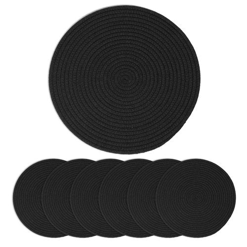 MEGASKET Placemats Set of 6, 13" Round Woven Table Mats, Cotton Rope Placemats for Kitchen and Dining Table, Farmhouse Wicker Rattan Place Mats for Decor, Non Slip, Heat Resistant Hot Pods, Black