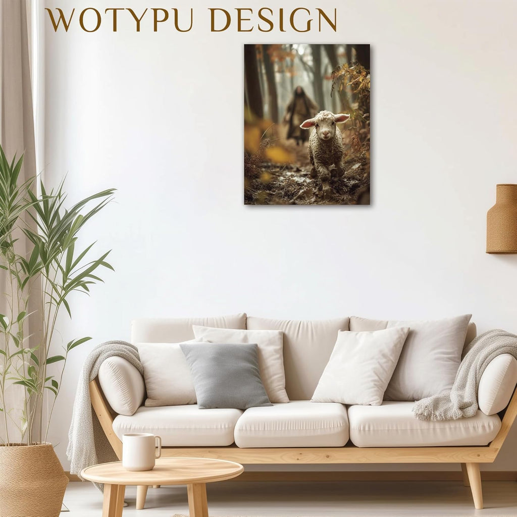 WOTYPU Jesus and the Lamb Wall Art - Framed Christian Canvas Print for Home Decor | 11x14 Inches