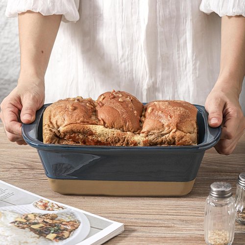 HVH Ceramic Loaf Pan - 9 x 5 Inch Rectangular Baking Pan for Bread - Farmhouse Style in Blue