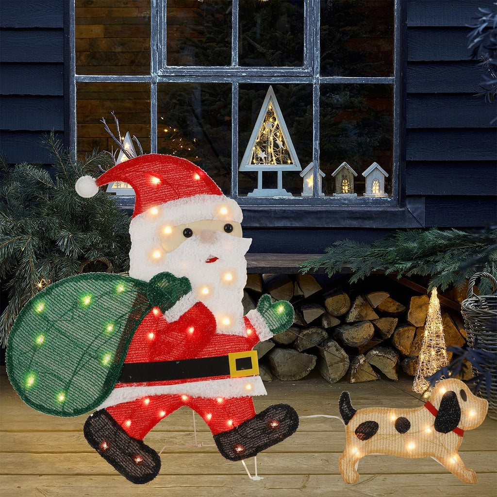 Waterglide Lighted Christmas Santa Claus with Puppy - 26.5 Inch Pre-Lit 2D Tinsel Outdoor Decor for Festive Holiday Display