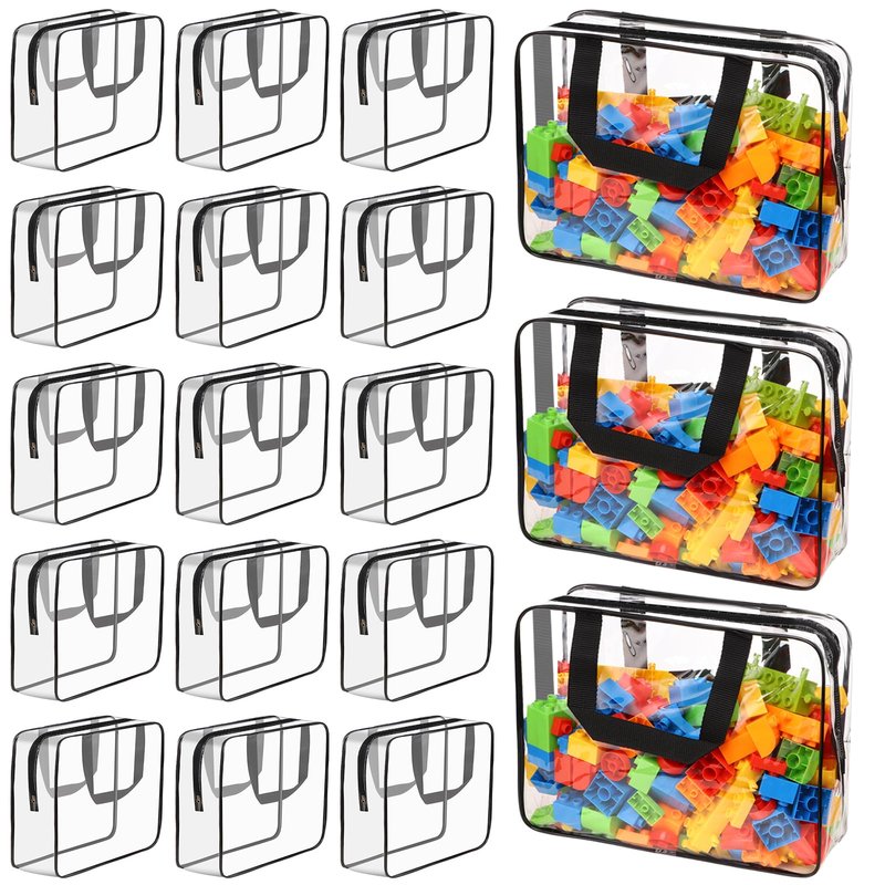 18 Packs Large Toy Storage Bags with Labels, Waterproof Clear Pvc Storage Bags for Toys, Travel Organizer Bags with Zipper Closure for Puzzles, Building Blocks, Kids' Books