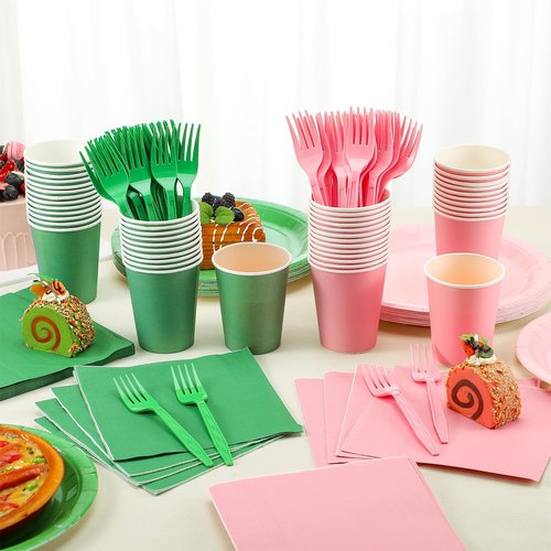 Willinglong 48 Sets/ 192 Pcs Green and Pink Witch Party Decoration Pink and Green Paper Plates Napkins Cups and Fork Decorations for Girl Birthday Decorations
