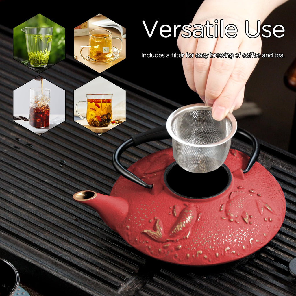 GUANGHEIRON Cast Iron Teapot Set with 2 Tea Cups, 7Pcs Japanese Tea Kettle with Stainless Steel Infuser, Tea Pot Coated with Enameled Interior, Fish Pattern, 27oz 780ml Red
