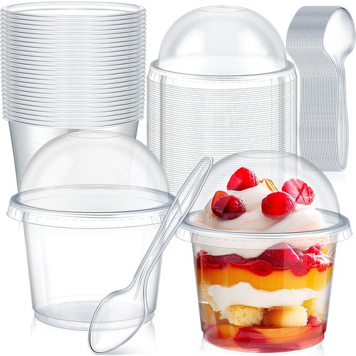 Layhit 150 Pack Clear Dessert Cups with Dome Lids and Spoons, Plastic Parfait Cups with Lids for Yogurt, Fruit, Ice Cream, Mousse, Muffin, Party Supplies for Wedding, Graduation(10oz)