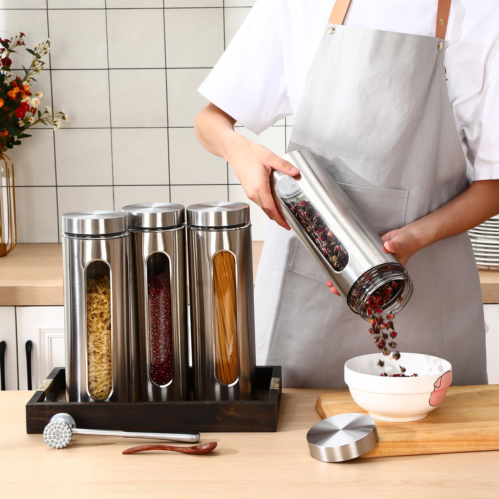 Mimorou 3 Pcs Stainless Steel Canister Set with Glass Windows Visible Storage Jars Silver Kitchen Canister Set for Pasta Flour Oat Sugar Container, Kitchen Tools, Housewarming Gifts(60 oz)