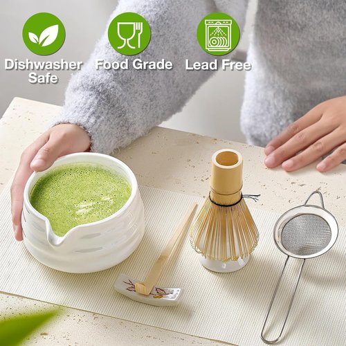 Matcha Whisk Set - Japanese Tea Set with 5 Essential Tools, 19 oz Bowl, Bamboo Whisk & Sifter