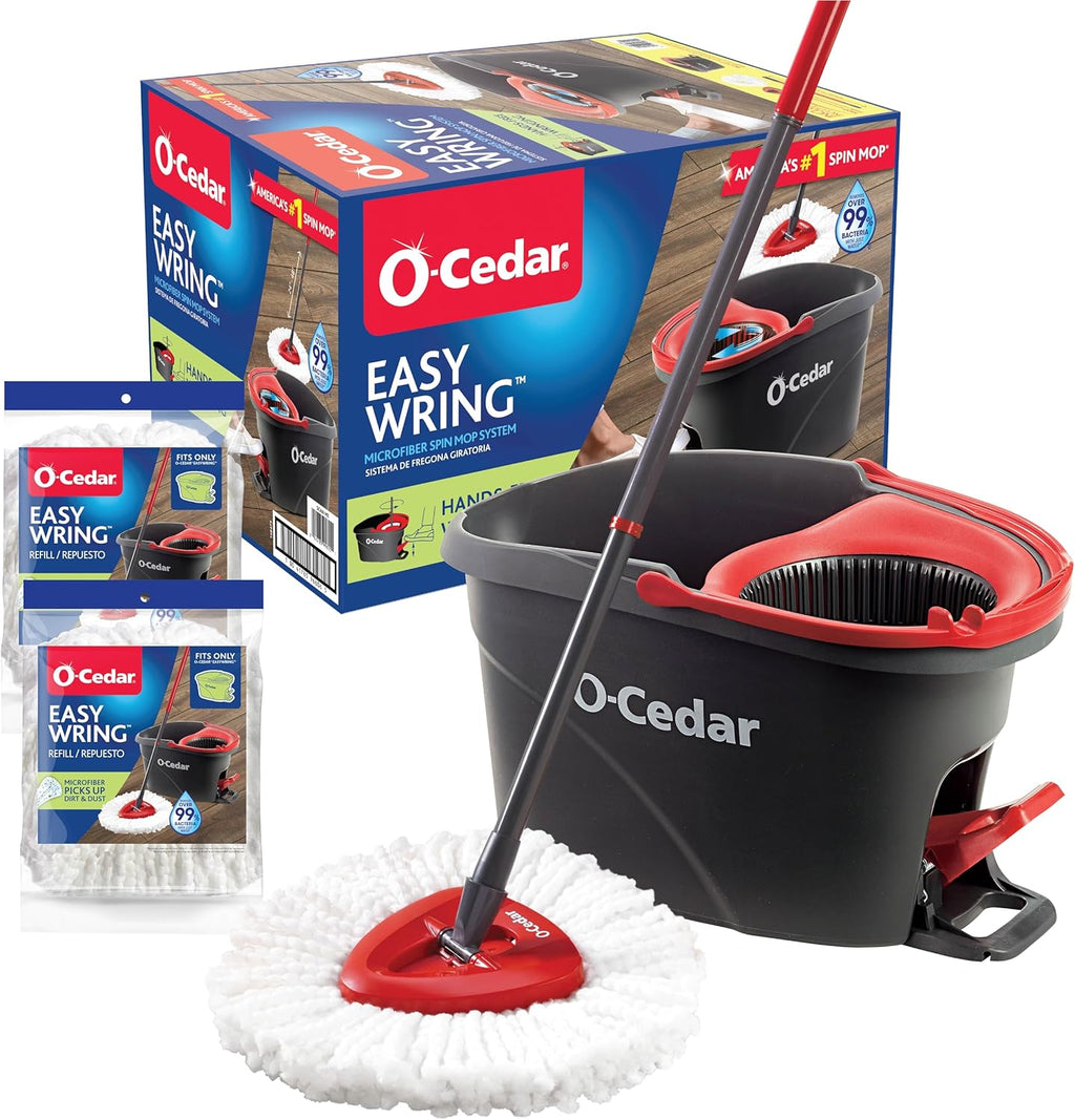 O-Cedar EasyWring Microfiber Spin Mop & Bucket Cleaning System - Includes 2 Extra Refills, Red/Gray