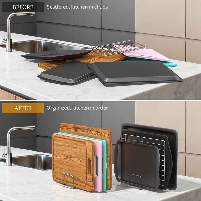 2-Pack Cutting Board Organizer, Cutting Board Holder Stand, Stainless Steel Baking Sheet Holder, Cutting Board Storage Rack with 4 slots for Baking Sheet and Cookie Sheet,1.0+1.2 Inch Width Slots