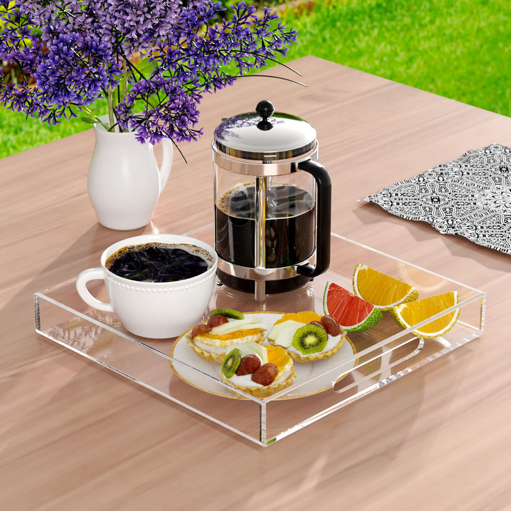 NIUBEE Acrylic Serving Tray 10x10 Inches -Spill Proof- Clear Decorative Tray Organiser for Ottoman Coffee Table Countertop with Handles