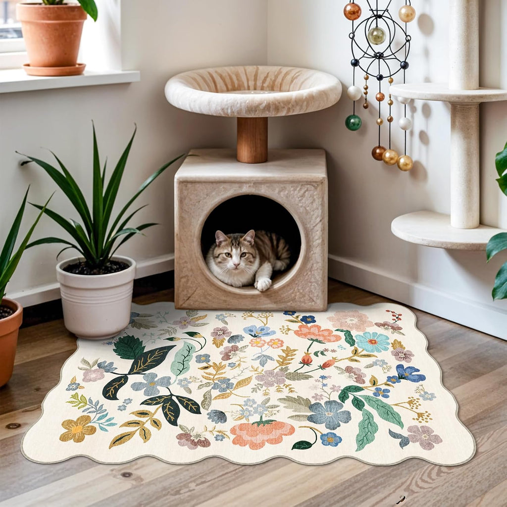 Skiennix Washable 2x3 Entryway Rug - Floral Non-Slip Water-Resistant Carpet for Indoor Use | Soft Cream Mat
