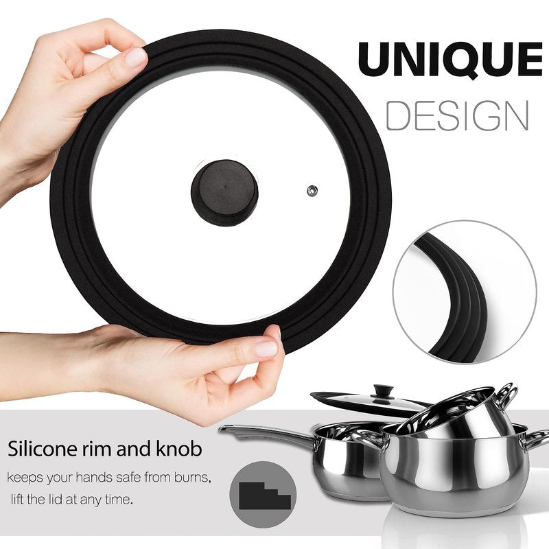 Lerykin Tempered Glass Lid - Universal Lid with Heat Resistant Silicone Rim for Pots, Pans and Skillets - Pan Cover Replacement Lid Fits 10", 11" and 12" Diameter Cookware
