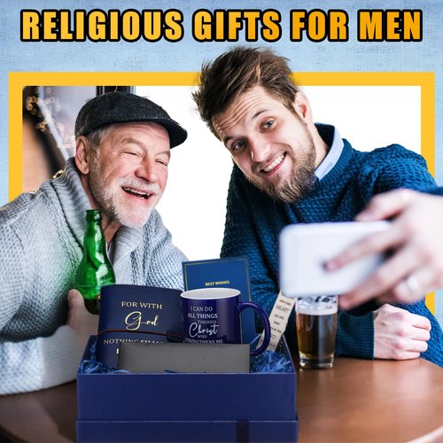 Shellwei 6 Pcs Valentines Christian Gift for Men 11 oz Mug Leather Notebook Religious Metal Bookmark Christian Pen with Box and 1 Refills Greeting Card and Box for Valentines Pastor Appreciation Gifts