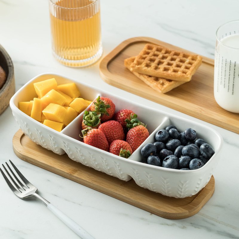Miamolo 3 Compartment Condiment Tray, Chip and Dip Bowl with Wooden Serving Tray, Perfect for Snacks, Appetizers, Charcuterie, Chips, Candy, 10-inch Chip and Dip Serving Set for Parties