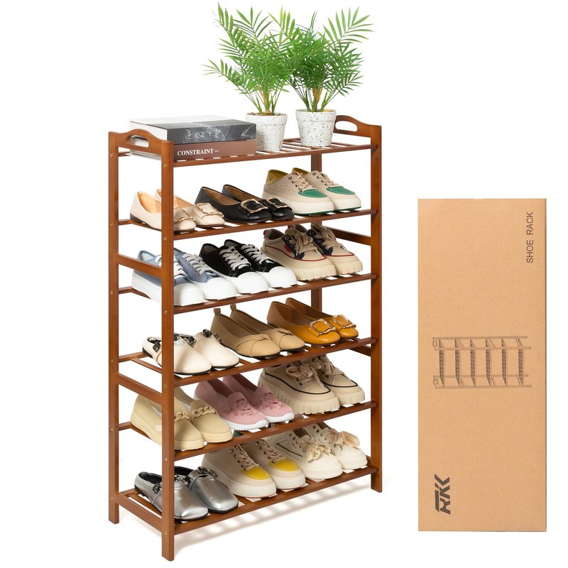 RKK Shoe Rack for Front Foor Entrance, Bamboo Shoe Rack for Closet Shoe Organizer Closet Organizers and Storage Shelves (Brown, 6 Tier)