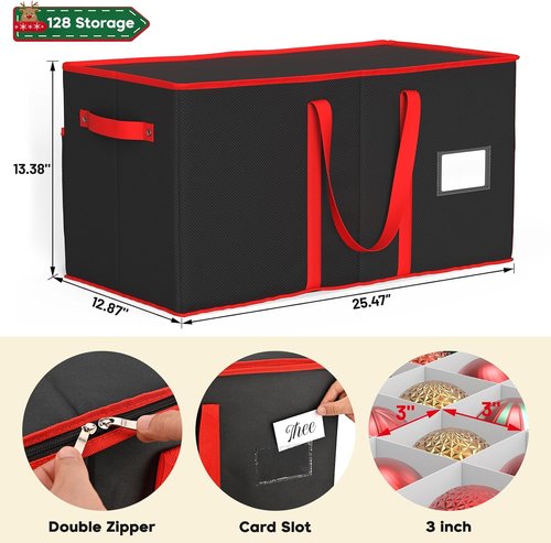 Kesfitt Christmas Ornament Storage Box - Large Organizer for 128 Ornaments with Dividers & Pockets (Black)