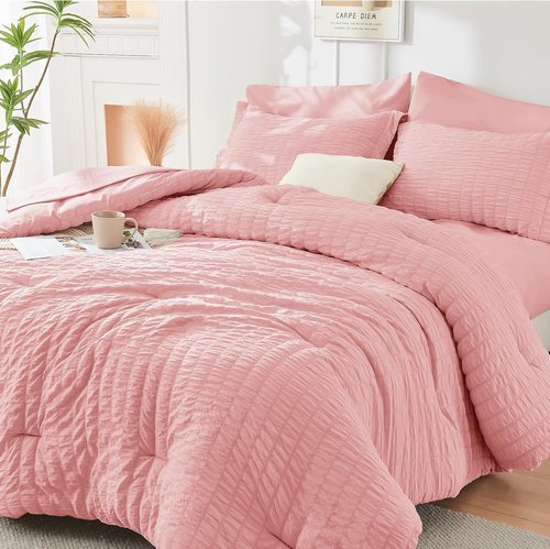 HYMOKEGE Rose Pink Comforter Set - Luxury 7-Piece All-Season Bedding in Full Size with Sheets & Pillowcases