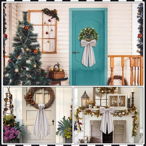 Boxwood Wreath Sash by [Brand Name] - 2 Pack Beige & White Stripe Garland for Front Door Decor