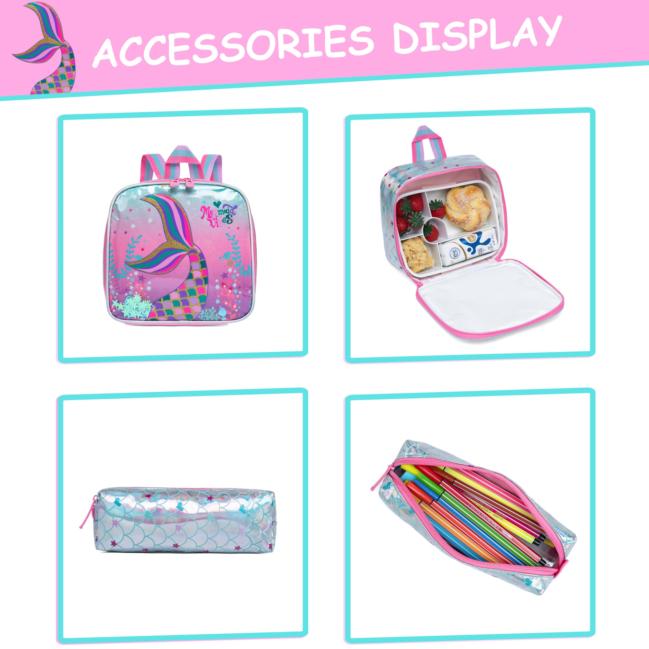 ZBAOGTW Mermaid Rolling Backpack for Girls with Lunch Box Kids Backpack with Wheels for School Cute Kids Rolling Backpacks for Girls Kindergarten