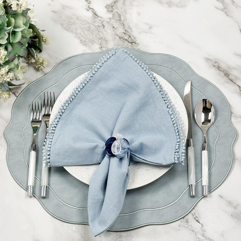 Bryonia Embroidered Scalloped Faux Leather Placemats Set of 4 - Earth Tone, Soft, Wipeable Luxury Dinner Table Mats for Dining & Wedding, Gift for Mom, 17.25" x 15", Light Blue Gray