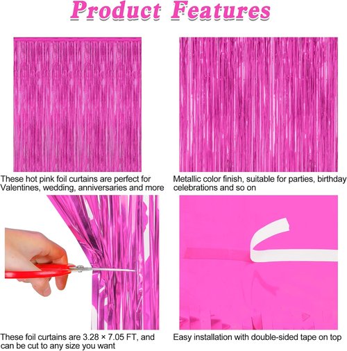 Hot Pink Party Decorations by [Brand Name] - 2 Pack Metallic Foil Backdrop | 3.28 FT x 7.05 FT Tinsel Curtains
