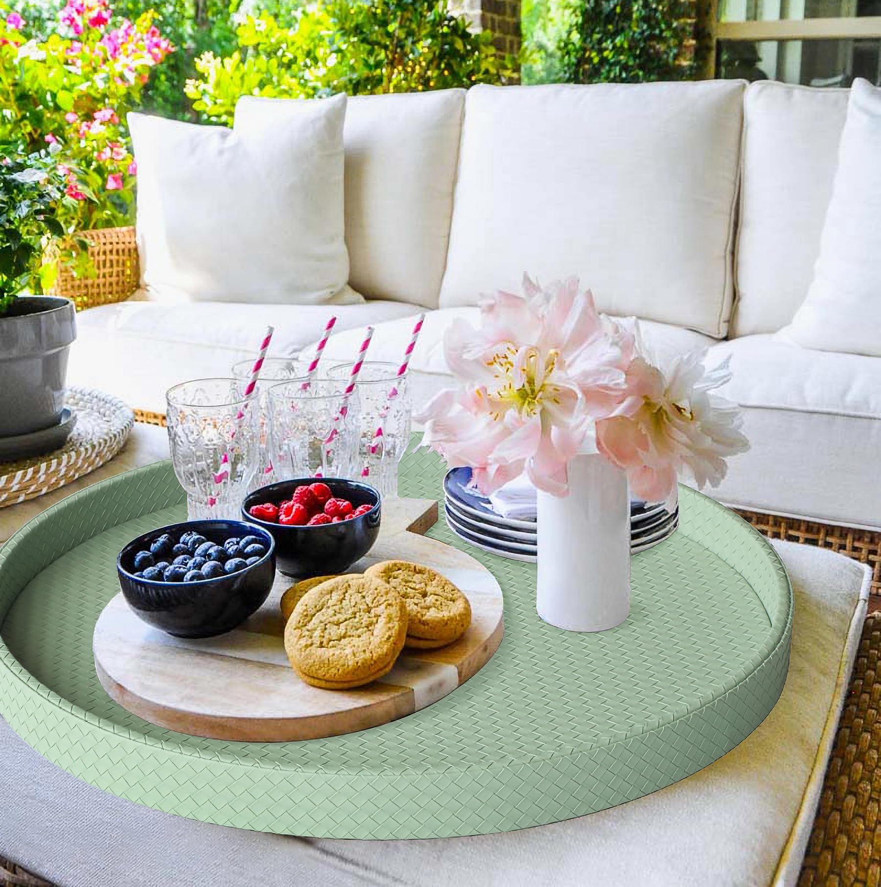HofferRuffer Large Round Serving Tray 24'', Elegant Faux Leather Circle Ottoman Table Tray, Serve Tea Coffee Breakfast in Bedroom Living Room Kitchen (Light Green)