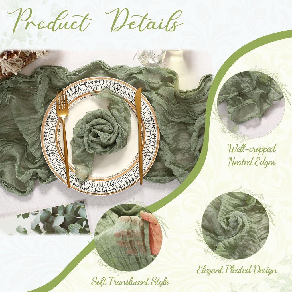 Windkream 4 Cheesecloth Table Runners and 48 Napkins Set, 10Ft Boho Cheese Cloth Table Runners 20 x 20 Inch Rustic Wrinkled Gauze Napkins for Wedding Birthday Baby Shower Party Decor (Sage Green)