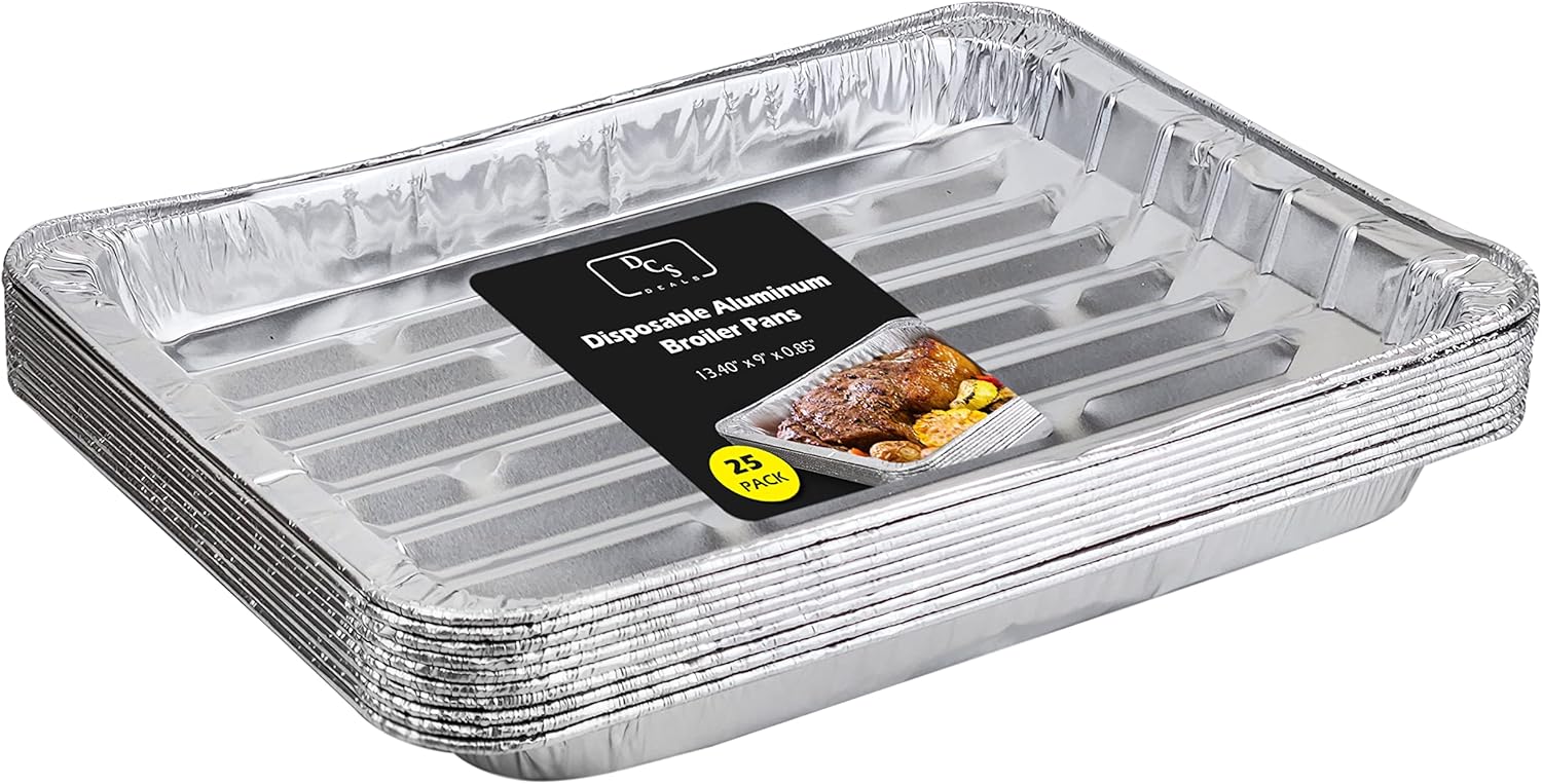 Pack of 25 Durable Aluminum Broiler Pans by [Brand Name] - Ideal for BBQ & Grill - 13.4" x 9" x 0.85"
