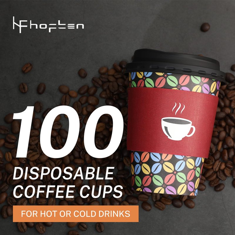100 Pack 12 oz Paper Coffee Cups with Lids and Sleeves, To Go Paper Cups for Hot & Cold Beverage, Sturdy Thick Paper & Leak-free, Black & White Designs for Home, Business, Café, Juice or Tea.
