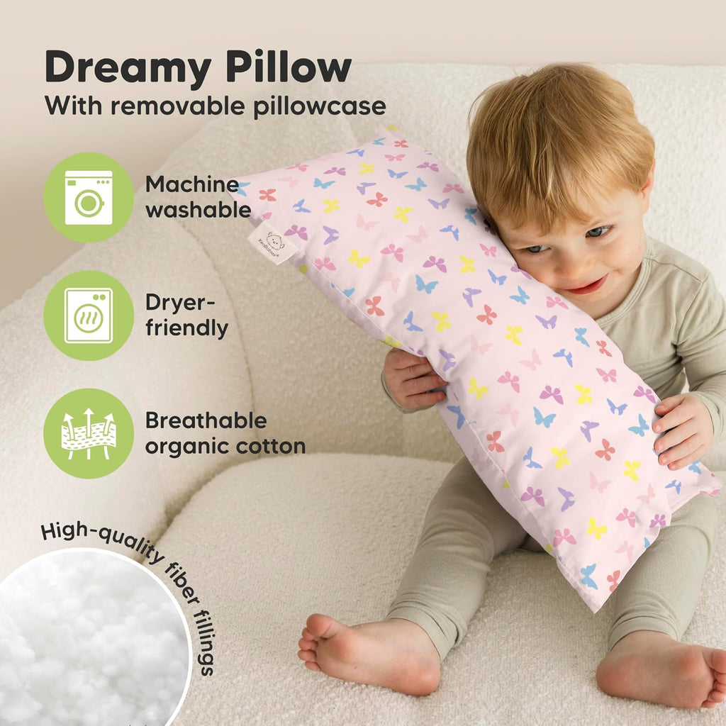 My Little Dreamy Toddler Pillow - Organic Cotton Travel Pillow with Soft Pillowcase | 10x18, Machine Washable, Ideal for Ages 2-5 (Flutter)