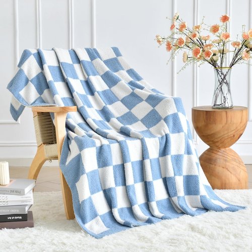 Checkered Knitted Throw Blanket - Cozy Soft Fluffy Plaid Design | Lightweight 50"x60" for Couch & Travel