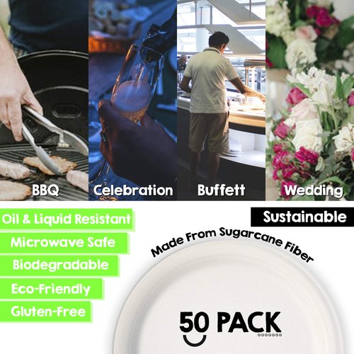 Green Earth, 100% Compostable Paper Plates Natural Bagasse, Sugarcane Fiber, Breakfast Lunch Dinner Biodegradable Recycled Disposable Round Microwave Safe Eco Friendly Heavy-Duty, 9" inches, 50 Pack